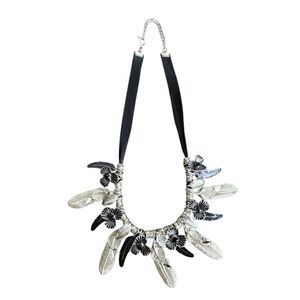 Vintage Boho Silver Tone Feather Black Flower Ribbon Statement Necklace Choker
